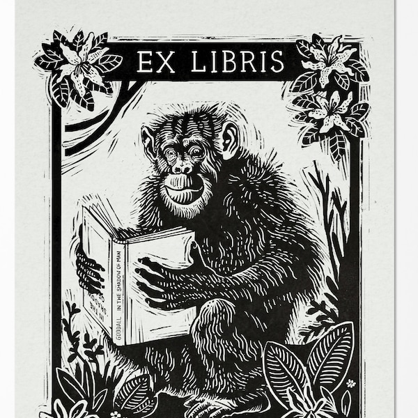 Ex Libris Jane Goodall - Unique Bookplate Illustration Print for Art & Book Lovers