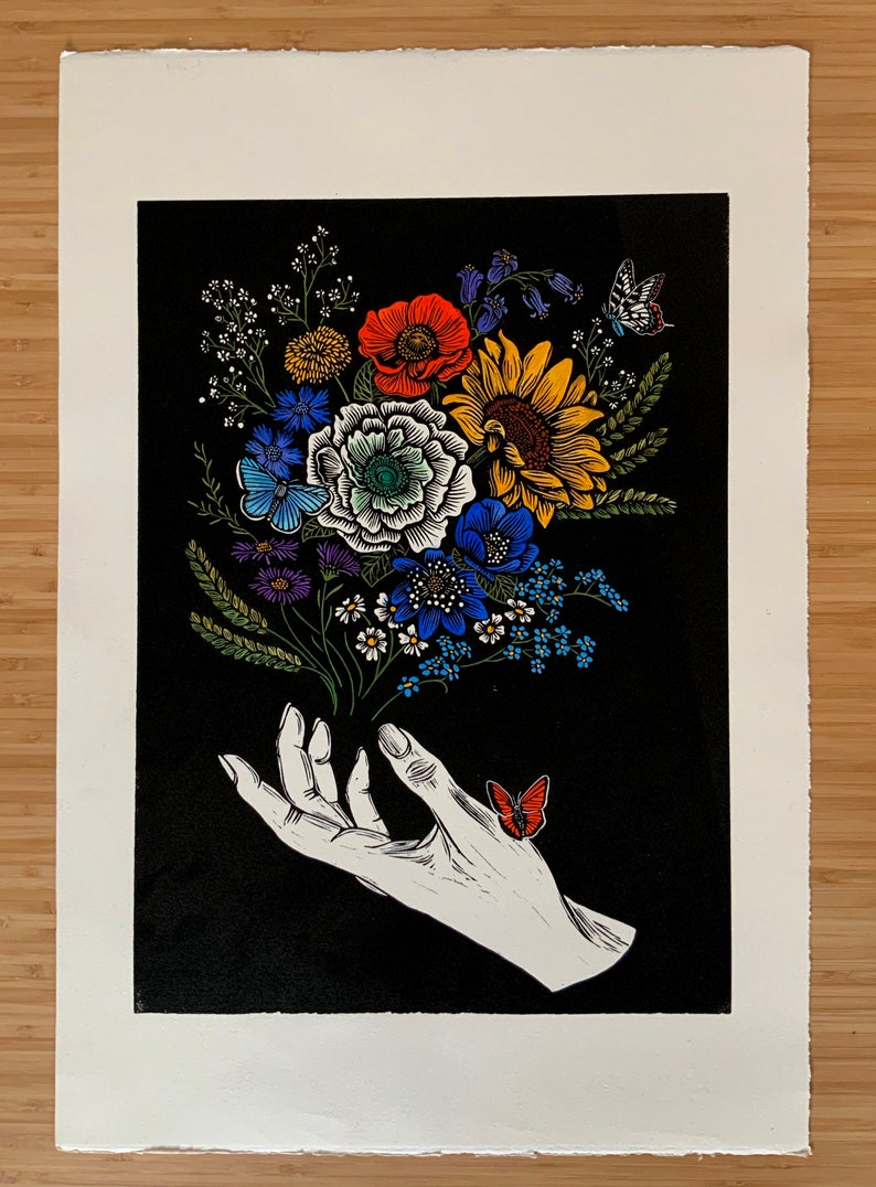 a floral bouquet with sunflower and wildflowers Original hand-carved Linocut Art Print with hand painted embellishment feat Persephone