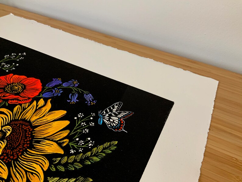 a floral bouquet with sunflower and wildflowers Original hand-carved Linocut Art Print with hand painted embellishment feat Persephone