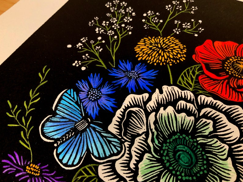 a floral bouquet with sunflower and wildflowers Original hand-carved Linocut Art Print with hand painted embellishment feat Persephone