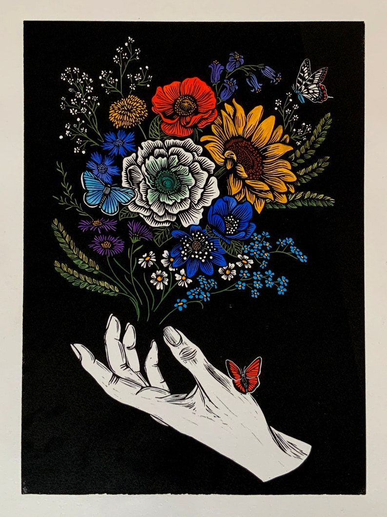 a floral bouquet with sunflower and wildflowers Original hand-carved Linocut Art Print with hand painted embellishment feat Persephone