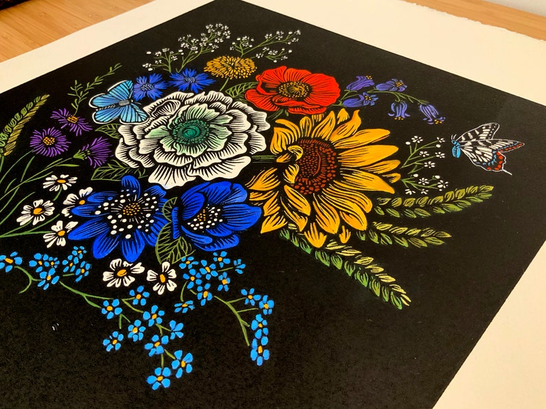 a floral bouquet with sunflower and wildflowers Original hand-carved Linocut Art Print with hand painted embellishment feat Persephone