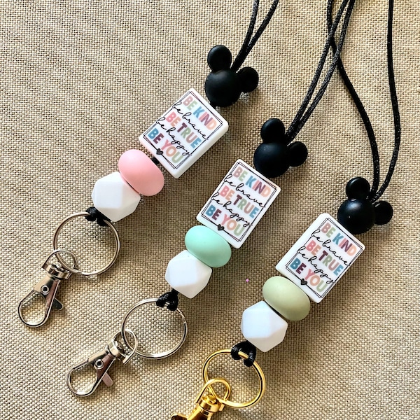 Work Lanyard for ID or Keys - Mickey - Custom Silicone Beads  - Be You - Be Kind -Positive Message Fun - Teacher School - Work and Play