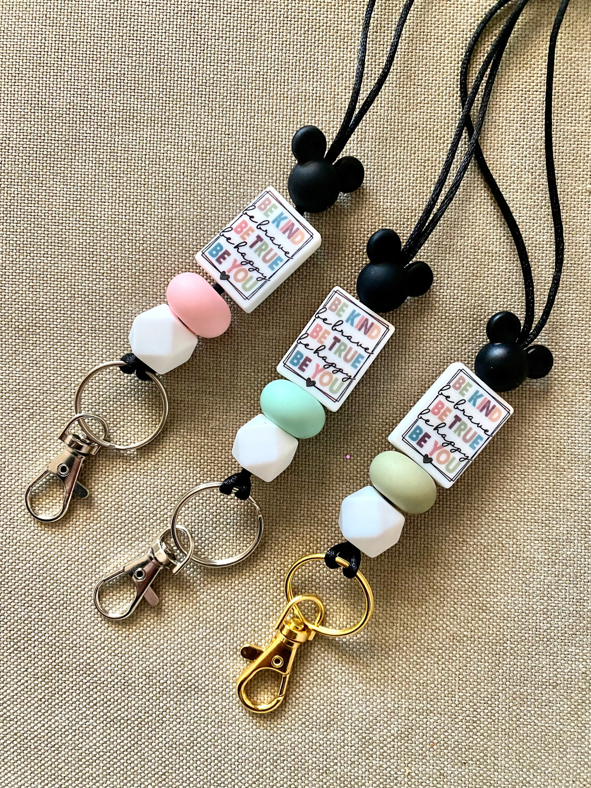 Work Lanyard for ID or Keys - Mickey - Custom Silicone Beads  - Be You - Be Kind -Positive Message Fun - Teacher School - Work and Play
