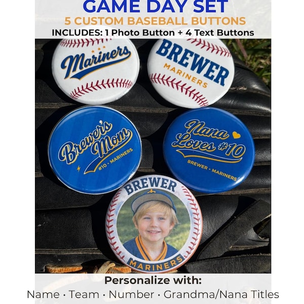 Juego de botones de béisbol personalizados: 5 pines para el día del partido, botón con foto personalizado, mamá, abuela y abuela del béisbol, nombre y número del equipo.