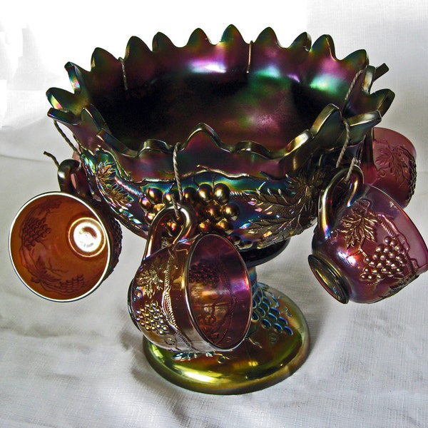 Vintage Northwood Carnival Glass Punch Bowl Grape and Cable Pattern with 6 Matching Cups