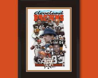 Puede incluir: Un collage de jugadores de fútbol americano de los Cleveland Browns con sus uniformes marrones y naranjas. Los jugadores están dispuestos en un patrón circular con el nombre del equipo "Cleveland Browns" en la parte superior.