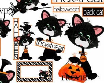 Cute black cat clipart, Halloween Black Cat clip art, cute Black kitten clipart, spider, bat graphics, Trick or Treat cat witch hat clip art