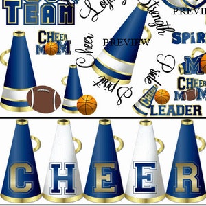 Cheerleading Blue Gold clip art party favors invites, invitations birthday sleepover fundraiser clipart spirit sticks school graphics
