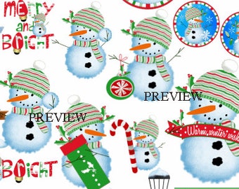 Merry & Bright Snowman clipart Make your own Christmas party favors, DIY kits, printables invites clip art cookie exchange holiday office