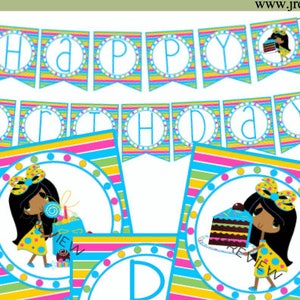 Afrikanische amerikanische Mädchen glücklich Geburtstag Printable Banner, Stück Geburtstagstorte "," Happy Birthday Wimpel "," Partei "," Geschenk Tasche voller Leckereien