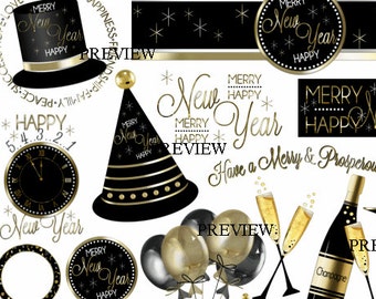 Ringing In the New Year Black Gold clipart Make your own New Year party favors, DIY kits, printables invites clip art New Years office