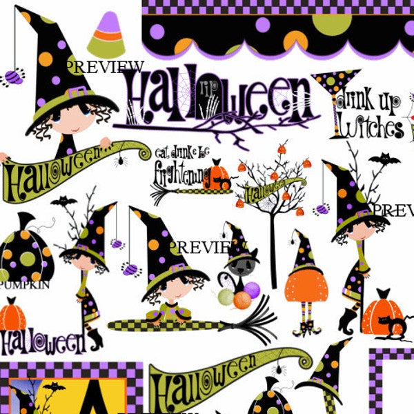 Witching Hour Halloween witch clipart Make your own party kits  favors invitation secret spook printables treat bags scavenger hunt clip art