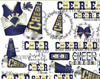 Cheer clipart, MORE COLORS, navy blue gold cheer clip art, cheerleading, cheerleader party clip art, pom poms, megaphone clipart, birthday