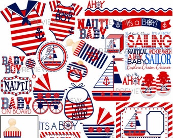 Puede incluir: Un conjunto de decoraciones para baby shower de temática náutica en rojo, blanco y azul. El conjunto incluye un body de bebé, un biberón, un velero, un cochecito, un babero y un cartel que dice "¡Es un niño!"