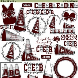 Cheer clipart, meer kleuren, 50 + graphics, Maroon zilver grijs cheerleading clipart, cheerleader partij illustraties, pom poms, megafoon clipart