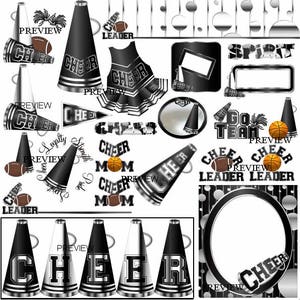 Black Silver MORE COLORS cheerleader clip art party favors invite cheer birthday sleepover clipart spirit sticks high school cheerleading jr