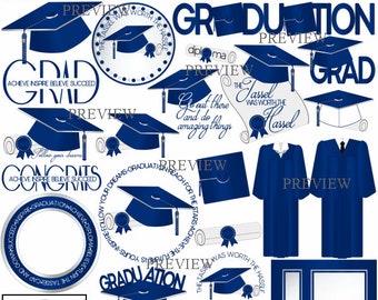 Blue Graduation clipart, MORE COLORS, White, tassel clipart, cap gown graphics, diploma clipart, graduate, party, class of, grad clip art