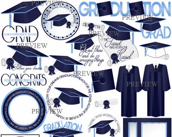 Blue Graduation clipart, MORE COLORS, Navy, Light Blue, tassel clip art, cap and gown graphics, diploma clipart, graduate, party, class of