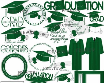 Green Graduation clipart, MORE COLORS, cap and tassel clip art, graduation cap and gown graphics, diploma clipart, graduate, tassel designs