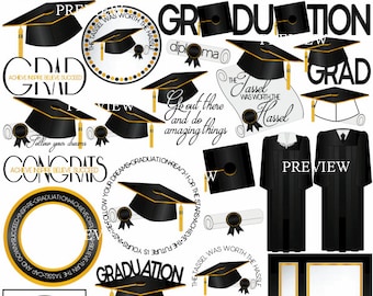 Black Gold Graduation clipart, MORE COLORS,  clip art, Yellow cap tassel, graduation cap and gown graphics, diploma clipart, graduate, party
