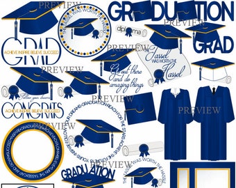 Blue Yellow Graduation clipart, MORE COLORS, tassel clipart, cap gown graphics, diploma clipart, graduate, party, grad clip art