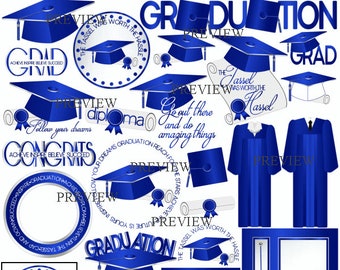 Blue Graduation clipart, MORE COLORS, Royal Blue clip art, graduation cap and gown graphics, diploma clipart, graduate, tassel designs