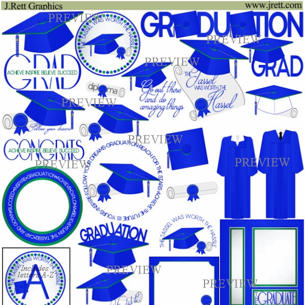 Royal Blue Graduation clipart, MORE COLORS, royal blue green graduate clip art, graduation cap gown graphics, grad, diploma clip art, party