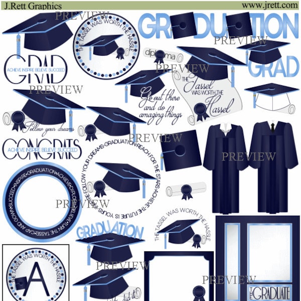 Blue Graduation clipart, MORE COLORS, Navy, Light Blue, tassel clip art, cap and gown graphics, diploma clipart, graduate, party, class of