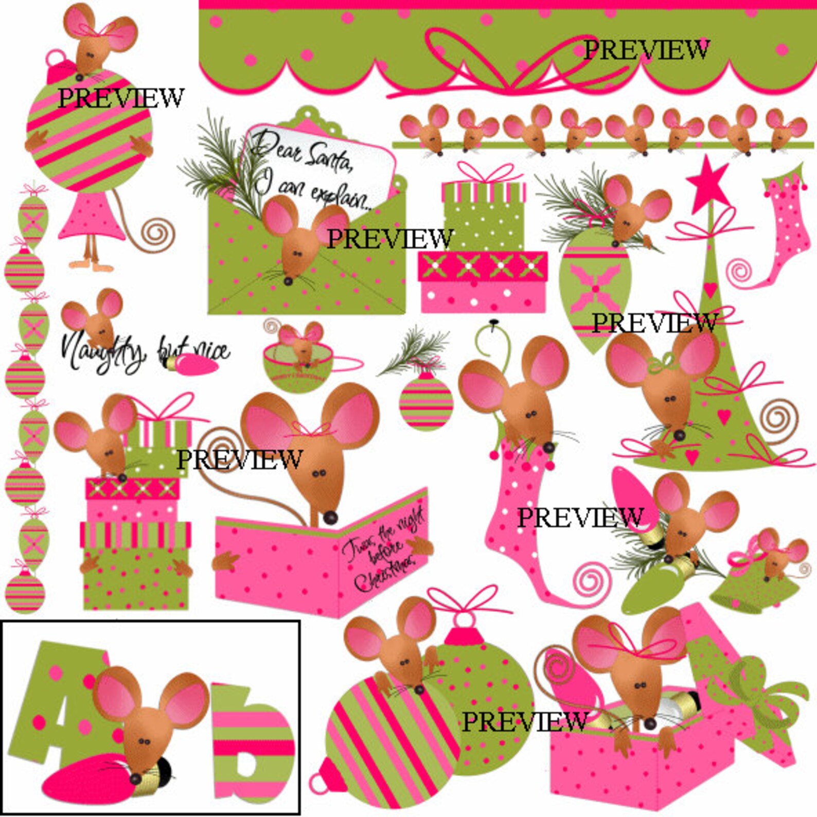 Cute Mice Clip Art, Christmas Mouse Clipart, Mice Stocking Graphics