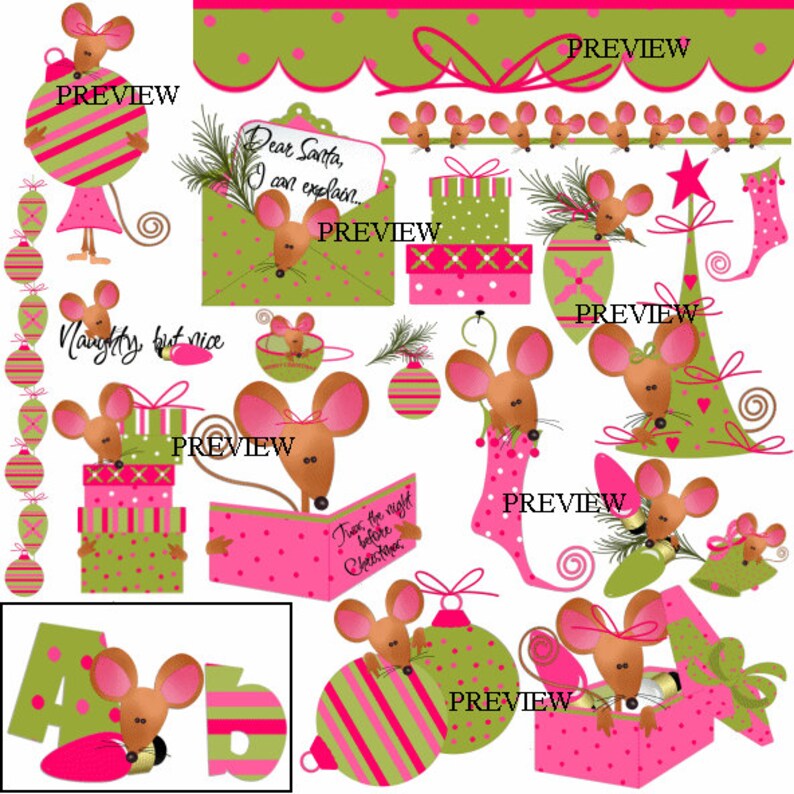 Cute Mice Clip Art, Christmas Mouse Clipart, Mice Stocking Graphics ...