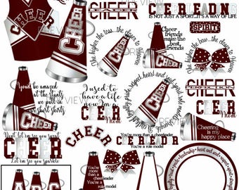 Cheer clip art, MORE COLORS, 50+ graphics, maroon white cheer clipart, cheerleading, cheerleader party clip art, pom poms, megaphone clipart