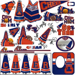 Cheerleading Blue Orange clip art party favors invites, invitations birthday sleepover fundraiser clipart spirit sticks school graphics
