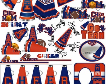 Cheerleading Blue Orange clip art party favors invites, invitations birthday sleepover fundraiser clipart spirit sticks school graphics