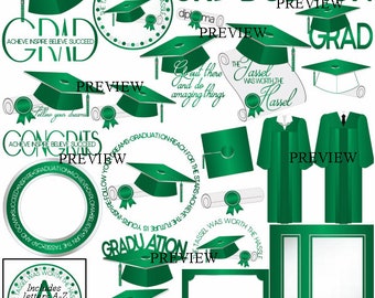 Green Graduation clip art, MORE COLORS, tassel clipart, cap gown graphics, diploma clipart, graduate, party clip art, announcements, invite