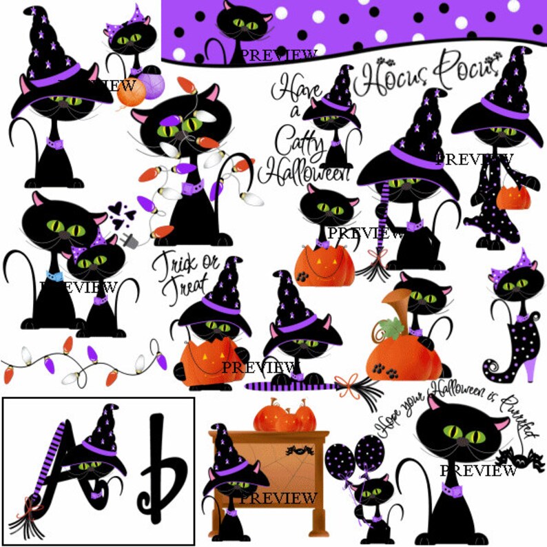 Hocus Pocus Halloween adorable black cat clipart make your own | Etsy