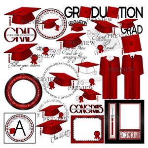 Graduation clip art, MORE COLORS, Red Black clipart, graduation cap and gown graphics, diploma clipart, graduate, grad, tassel designs png