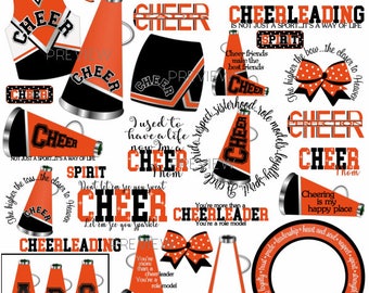 Orange Cheerleader clip art, MORE COLORS, orange black cheerleading clipart, cheer graphics, megaphone clip art, cheer design, school, party