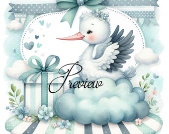 PNG 300 dpi Adorable stork with a package for new parents image. Can be used to decorate large and small projects. Blue little baby boy