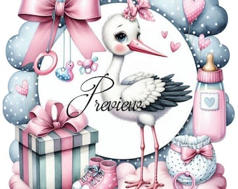 PNG 300 dpi Adorable stork with a gift, bottle and booties. Baby Shower Can be used to decorate large and small projects. Pink for baby girl