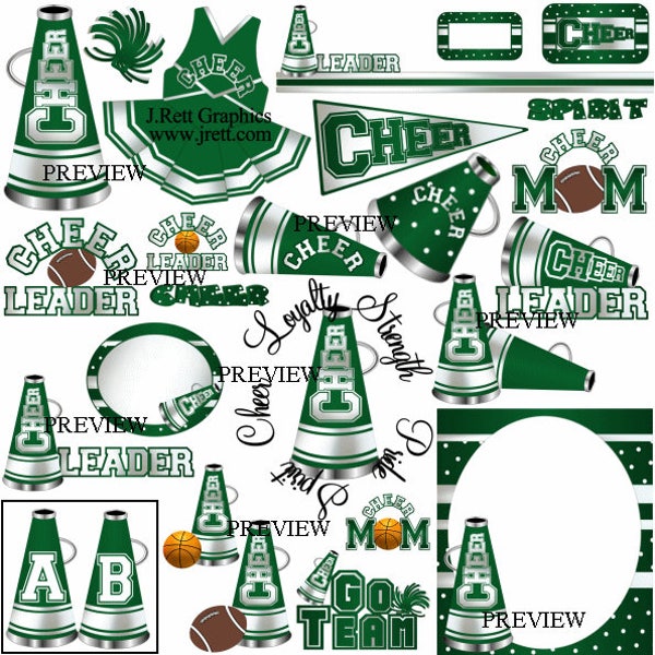 Cheerleader clipart, MORE COLORS, 50+ graphics, green white cheer clipart, cheerleading, party clip art, cheer pom poms, megaphone clipart