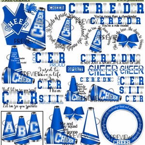 Cheer clipart, MORE COLORS, 50+ graphics, blue white cheerleading graphics, cheerleader party clip art, cheer megaphone clipart, pom poms