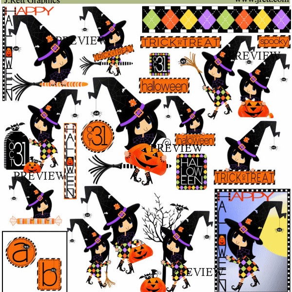 Witch clipart, cute witch clip art, witch on broom, Halloween witch graphics, Trick or treat witch clipart, witch hat clip art, spooky tree