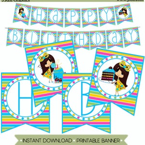 Ragazza capelli castani carino felice compleanno stampabile Banner, fetta di torta di compleanno, buon compleanno Guidoni, partito, regalo sacchetto dell'ossequio, 1 ° compleanno