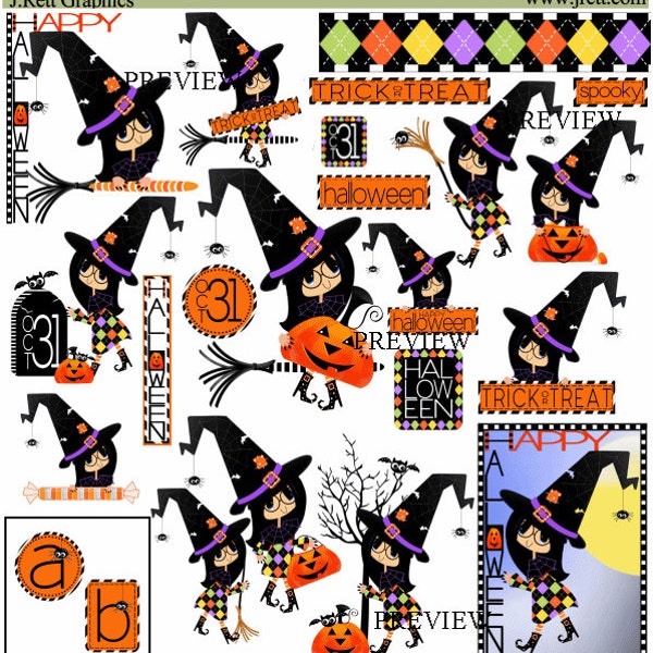 Witch clip art, cute witch clipart, witch on broom, Halloween witch graphics, Trick or treat witch clipart, witch hat clip art, spooky tree