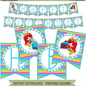 Capelli rossi carina ragazza felice compleanno stampabile Banner, torta di compleanno di rosse, buon compleanno Guidoni, partito, trattare il sacchetto del regalo, bigné, caramelle