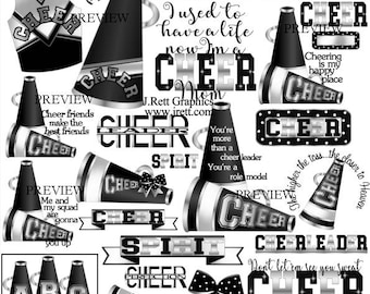 Cheer Clipart, MEHR FARBEN, 50+ Grafiken, schwarz silber grau jubeln Clip Art, Cheerleader Grafiken, Cheerleader Clipart, Schule Pom Poms
