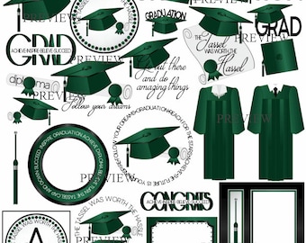 Green Graduation clipart, MORE COLORS, clip art, Green Black, graduation cap and gown graphics, diploma clipart, graduate, tassel clip art