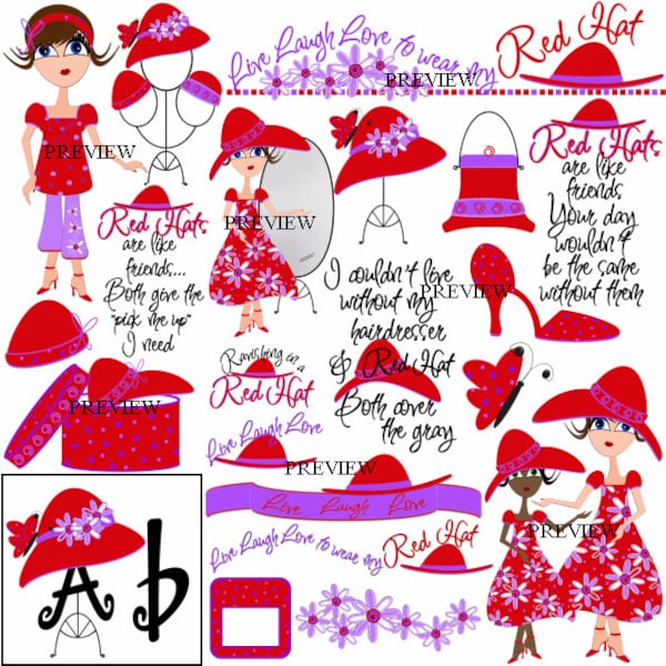 Red Hat clipart Make your own DIY party kits favors printables invites red hatters clip art personalized invitation cupcake toppers birthday
