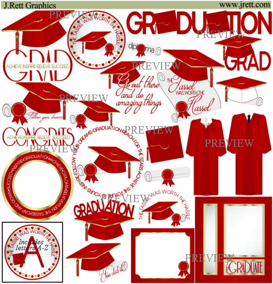 Red Graduation Clip Art, MORE COLORS, Red Gold Cap Clipart, Graduation
